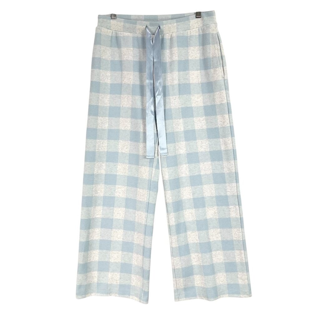 Soft Surroundings Blue/Gray Plaid Flannel Pants Sz S Pull-On Wide Leg w/Pockets